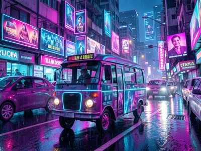 Auto-rickshaw with neon underglow and holographic advertisements, stuck in futur