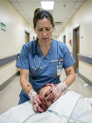 A midwife's blood-stained gloves after a difficult birth, fluorescent hospital c