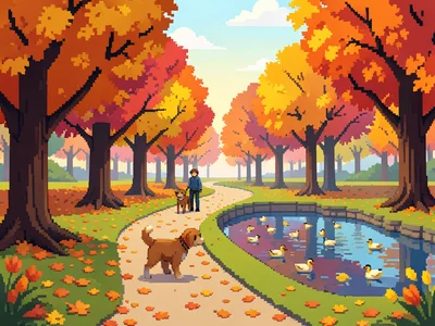 A pixel art autumn park: trees in fall colors, a path with fallen leaves, a dog 