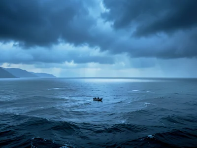 Landscape of grief — vast grey ocean, single small boat, heavy overcast, cold bl