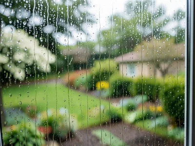 Window view of spring rainstorm, condensation on glass, blurry garden beyond