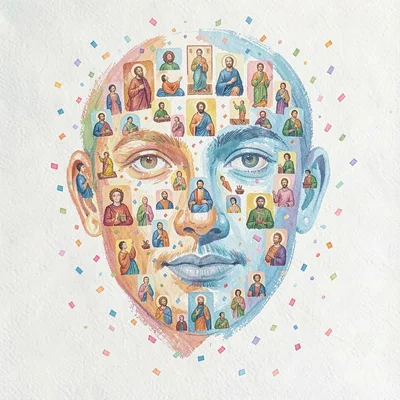 Mosaic-style gouache drawing of small icons arranging themselves into the silhou