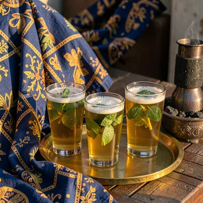 Saturated textile-rich photograph, Three glasses of attaya mint tea on brass tra