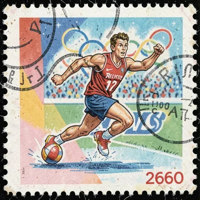 Postage stamp illustration, Olympic athlete in action , tiny perfect composition
