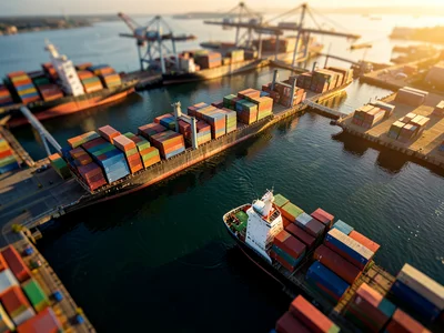Harbor with cargo ships, tilt-shift from above, containers like LEGO blocks