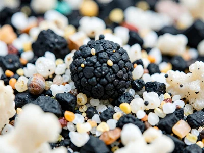 Black basalt sand grain among coral white