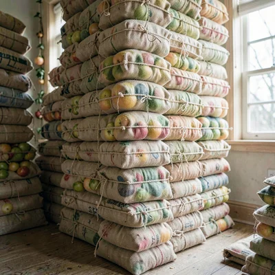 Vertical organic shot of a tall column of fruiting bags stacked floor to ceiling