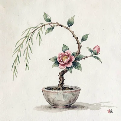 Gouache botanical of a single ikebana arrangement with one camellia and a curvin