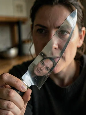 Kitchen knife blade reflecting the face of person holding it, mundane made thril