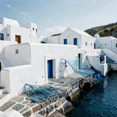 Cycladic whitewash study, Greek island lime, Blue fishing nets drying on a white