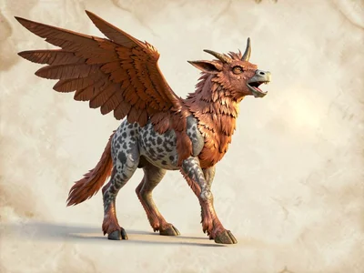 Bristling hippogriff with copper-russet plumage and dappled grey horse-quarters,