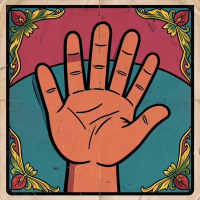 Mexican lotería card illustration, a hand palm open showing fortune lines , bold