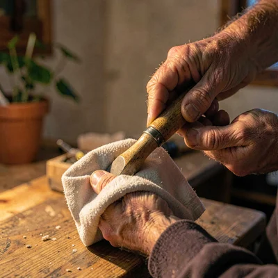 Lamp-lit hands oiling a finished shovel head with a soft cloth, warm side-light