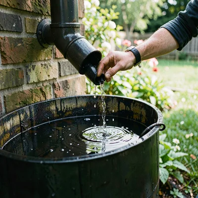 Documentary photography, unposed moment, Rain barrel collecting water from gutte