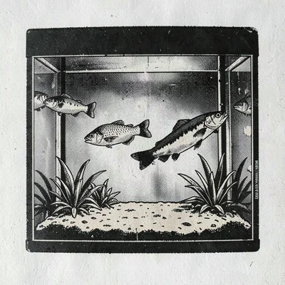 Risograph-style illustration, fish in aquarium , spot color layer simulation, sl