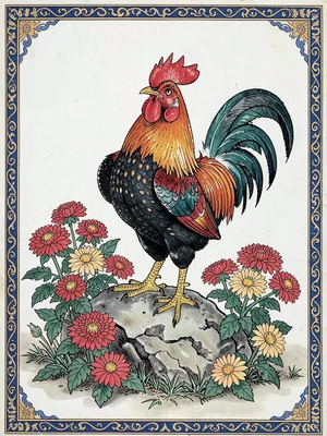 Rooster standing on a garden rock with chrysanthemums around its feet