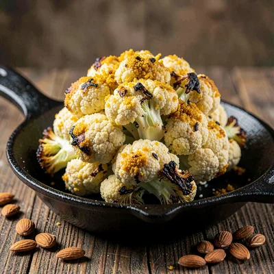 Whole roasted cauliflower head crowned in golden curry rub on a cast-iron skille
