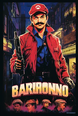 Tarantino movie poster of Super Mario Bros. Neon-lit