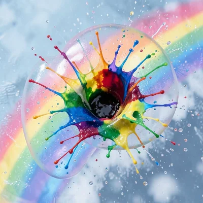 Water balloon bursting filled with paint, frozen at moment of impact, rainbow