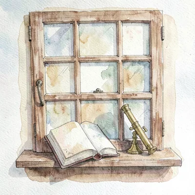 Loose watercolor of a wooden window display with a single open book and a brass 