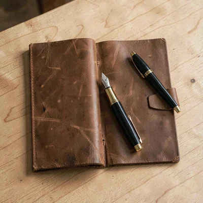 Warm flatlay of an open leather logbook with a fountain pen, no readable text
