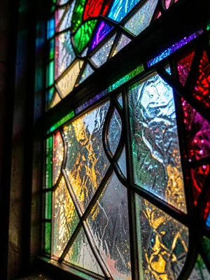 Stained glass window detail, colored light streaming through, ecclesiastical tra