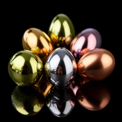 A cluster of metallic Easter eggs in liquid chrome finish — reflections of a spr