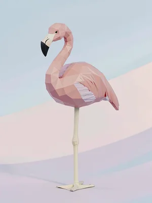 One-legged dusty-pink lowpoly flamingo standing on a cream stick leg with a face