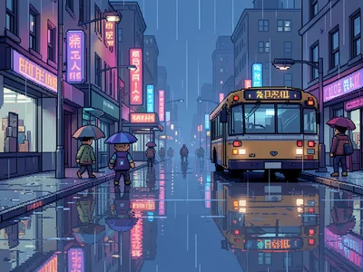 A 16-bit style rainy city street: neon reflections in puddles, pixel characters 