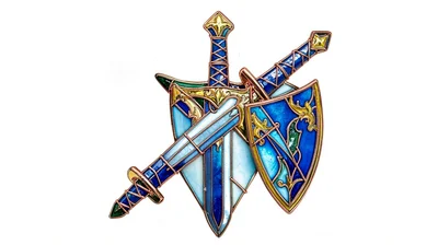 Cloisonné enamel illustration, sword and shield , copper wire outlines, glass en