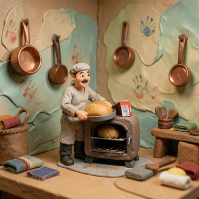A tiny clay baker pulling bread from a matchbox-sized oven, the kitchen walls ar