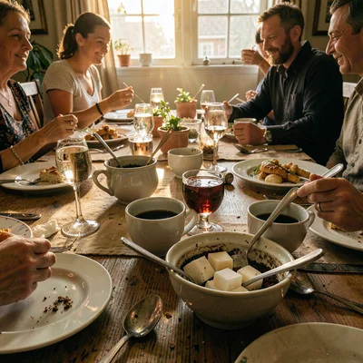 Mid-feast table scene, abundant hospitality, Coffee in small cups with grounds v