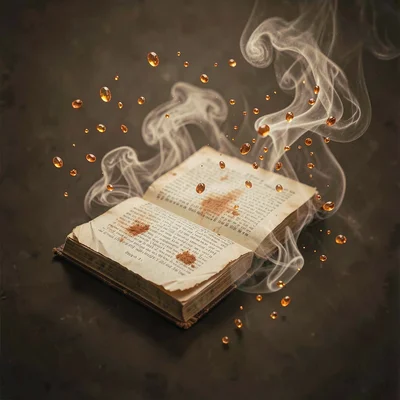 Old book scent shown as soft sepia fog with floating amber particles