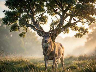Deer with antlers that branch into living trees, birds nesting in the canopy, mi