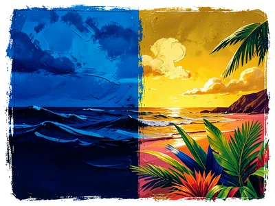 Split composition: half deep ocean blue, half sunset gold, rough brushstroke bor