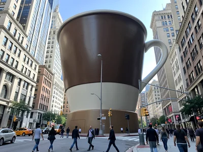 Enormous coffee cup the size of a building on city street, people walking past, 