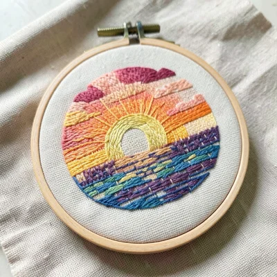 Embroidery hoop with half-finished summer sunset, gradient thread colors
