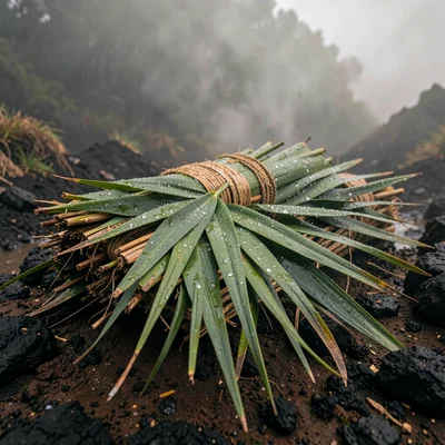Dense atmospheric mist, rich earthy textures, Bundles of pandanus leaves stacked