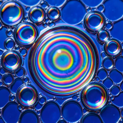 Three oil drops at different sizes on deep blue water, largest showing complex i