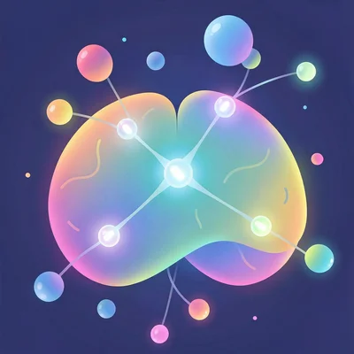 Organic blob gradient illustration, brain with glowing neural connection orbs , 