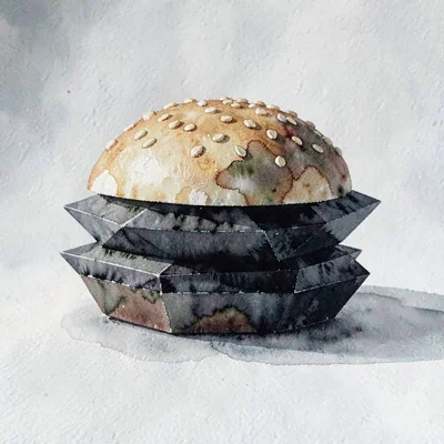 Hollow obsidian lowpoly burger with stacked faceted dark layers and a sesame-bun