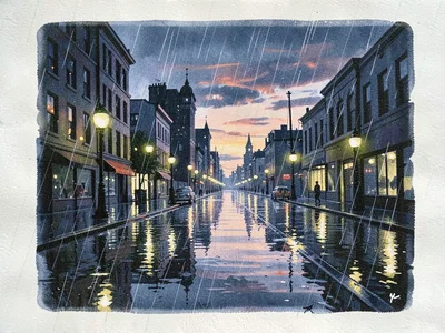 Rainy cityscape at dusk