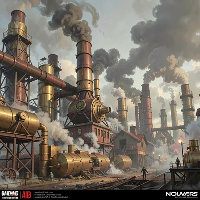 Video game concept art illustration, a steam-powered industrial city, smog and b