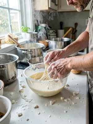 Flour-covered hands working dough close-up