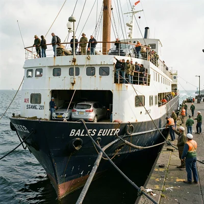 Port city documentary photograph, A ferry loading vehicles at a harbor terminal,