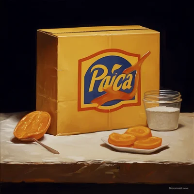 Oil painting of a kraft dinner box on a table. nature