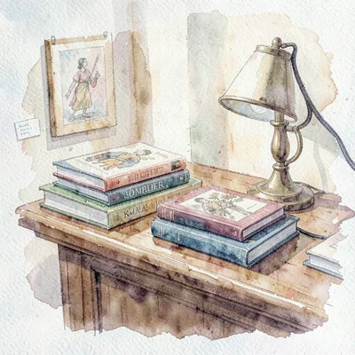 Watercolor of a museum shop counter with a stack of art books and a small lamp