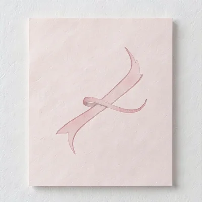 Soft pastel pink quote-card composition with abstract calligraphic ribbon mark, 