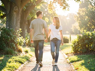 Couple walking into light