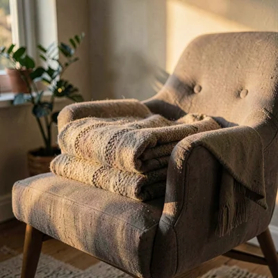 Atmospheric ig-teaser of a folded throw on a chair arm, warm side glow, soft fal